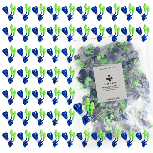 PORTADA DEL PACK DE 50 PARES DEL PRODUCTO TAPONES AUDITIVOS DE SILICONA REUTILIZABLES CON CORDON